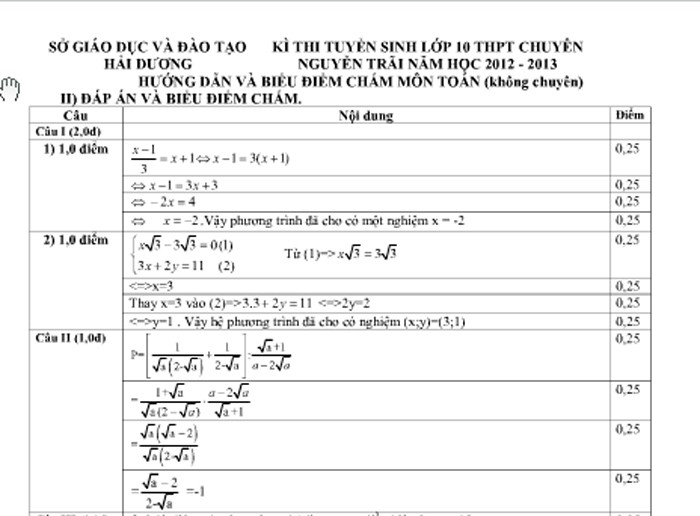 Đáp án và điểm chấm câu 1, câu 2